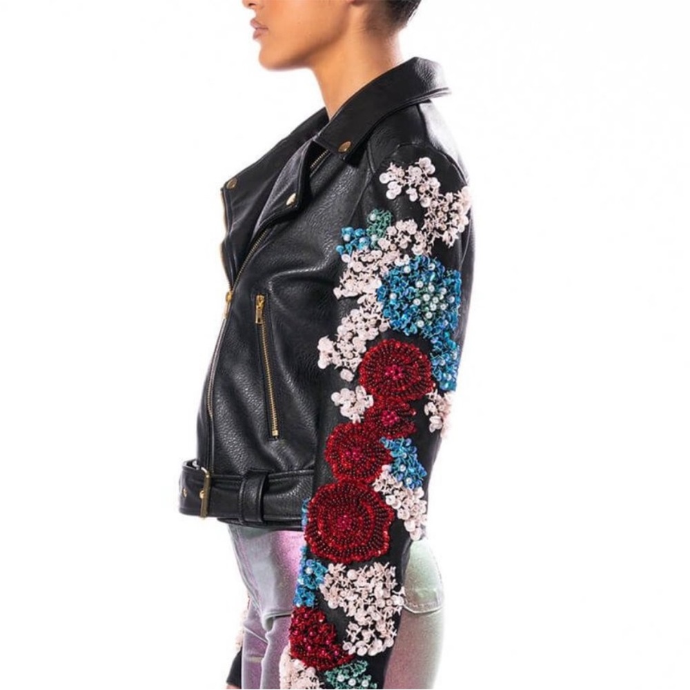 Embroidered Black Leather Jacket with Floral Accents - Picture 2 of 11